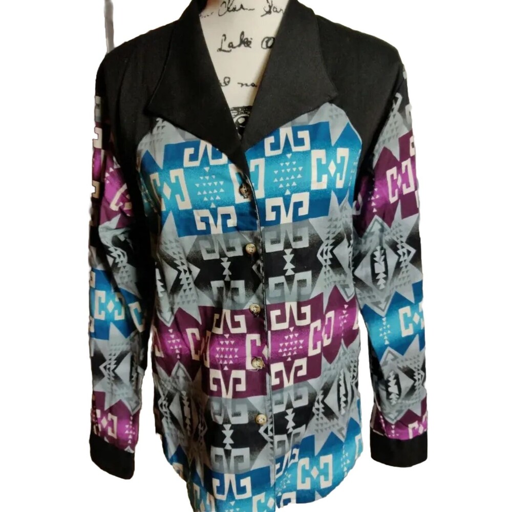 Rough Rider Circle T Pink Purple Geometric Blouse Cut 951 Style3138 Womens M VTG